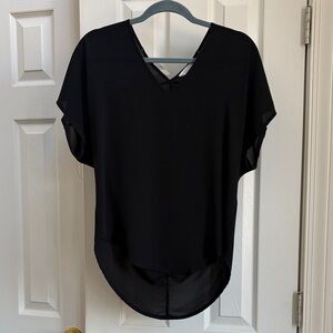 Lush Elegant Black V-Neck Blouse | sheer black short sleeve top